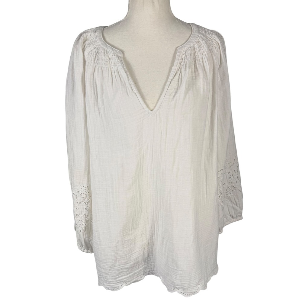 Gap Blouse Womens XL White Eyelet Smocked Balloon Sleeve Scalloped Hem Gauze Top - Picture 11 of 14